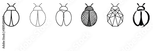 Set of six black bug illustrations showing various artistic styles including line art, dashed, scribble, geometric, and brush stroke for a creative design concept