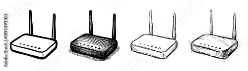 Four hand-drawn wireless internet router illustrations in a black and white sketch style, showing a collection of doodles with varying line art and crosshatch shading