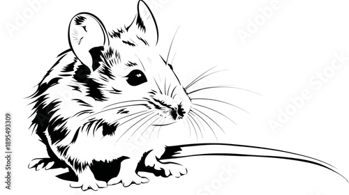 Detailed black and white illustration of a small, cute house mouse or field mouse with whiskers, monochrome vector art.