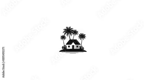 Tropical Island House Icon with Palm Trees - Idyllic Beach Home Vector Graphic on White Background