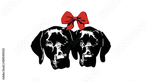 Stylized graphic illustration of two black dog heads with a cheerful red bow, representing companionship and playfulness.