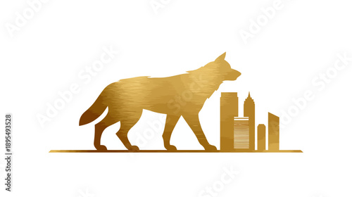 Elegant Golden Wolf Silhouette Walking with City Skyline Abstract Illustration. Modern Urban Canine Design for Business & Finance.