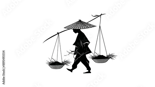 Woodcut style silhouette of a person in a conical hat carrying baskets with a shoulder pole, traditional labor vector art.