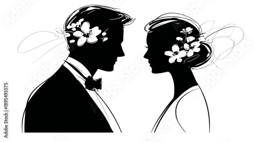 Elegant bride and groom silhouettes with delicate floral accents, facing each other, symbolizing love, marriage, and union.