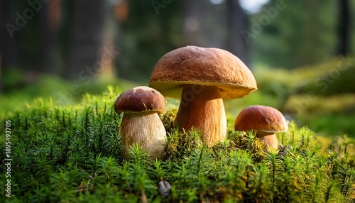 boletus mushrooms growing in the forest the background is green grass with moss around them