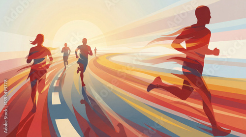 A dynamic and colorful abstract artwork depicting a large group of people running in a marathon, capturing their energy and motion with bold strokes.