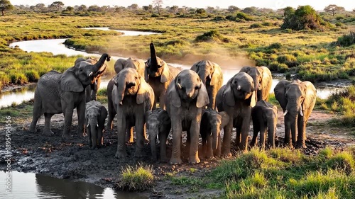 Elephants Gather at Watering Hole in African Savanna.