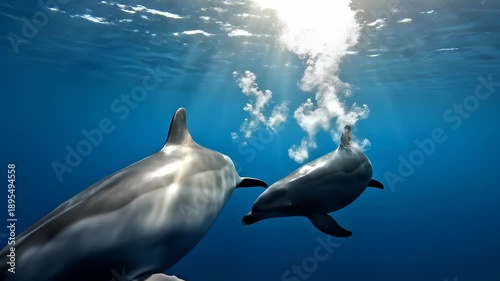 Two dolphins swimming in the deep blue ocean with sunlight shining through the water.