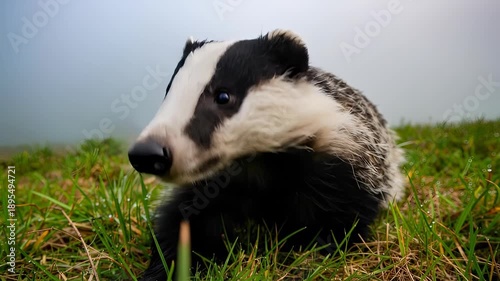 Badger in the green grass looking at the camera in the wild.