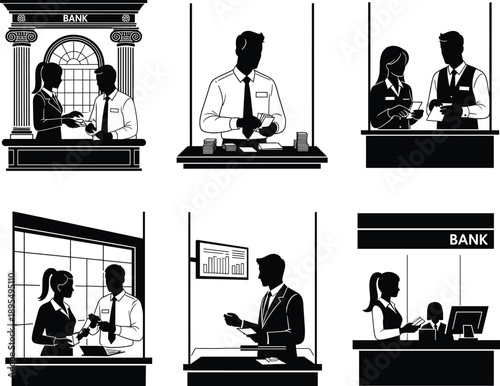 Bank Teller Interaction with Customers, Banking Services, Financial Transactions, Customer Support, Money Handling, Bank Office, Professional Bank Employees