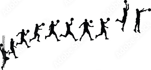 Basketball silhouettes, jump shot, running, jumping, shooting, athletic motion, sports training, vector art, 