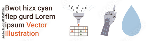 Technology, data processing, robotics, artificial intelligence, sustainability, environmental impact. Funnel filtering data, robotic hand pointing and water drop icon. Data processing and robotics