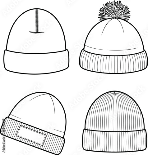 beanie, hat, knit, winter, headwear, accessory, fashion, clothing, apparel, garment, pompom, ribbed, folded, brim, patch, warm, cozy, vector, design, illustration