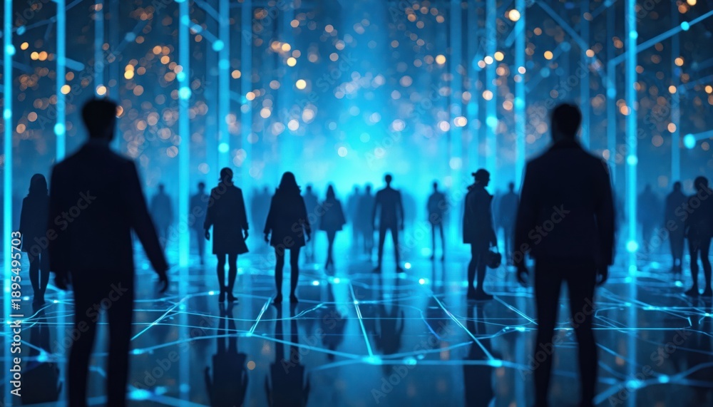 Fototapeta premium Silhouettes of people stand in glowing blue digital grid lines. Abstract futuristic network connects individuals in neon cyberspace with bokeh lights. Future AI concept.