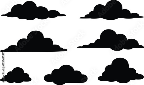 Black cloud silhouette set, cartoon cloud shapes, simple weather icons, storm and rain design elements for vector illustration.