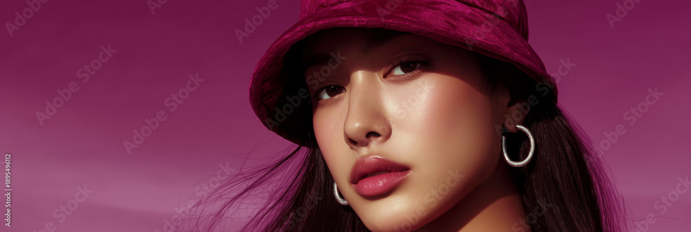 Obraz Side-profile view of a Korean model in a glossy magenta bucket hat with silver hoop earrings. Elegant fashion portrait with radiant skin and soft lighting against a magenta backdrop.