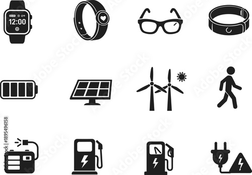 Black icons representing wearable tech, renewable energy, and electric charging, including smartwatches, solar panels, wind turbines, and charging stations.