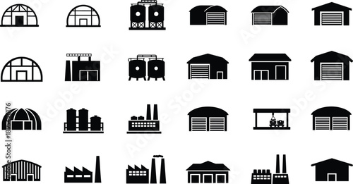 Black industrial and warehouse icons including factories, storage tanks, garages, warehouses, manufacturing plants, and loading docks.