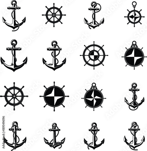 Black nautical silhouettes of anchors, ship wheels, and compass rose symbols with ropes, maritime, marine, and ocean theme vector set