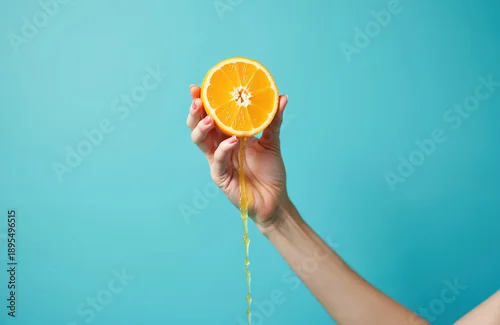 Obraz Female hand holds orange half. Fresh juice streams down against bright blue background. Squeezing citrus fruit for healthy drink preparation.