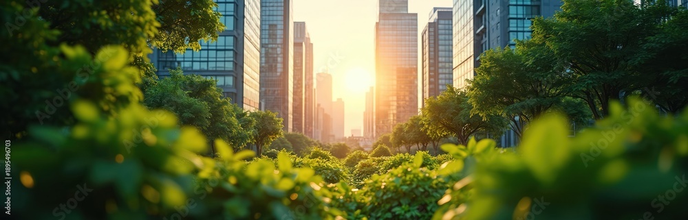 Fototapeta premium Green city park with modern skyscrapers. Rich trees and plants surround urban buildings. Sun shines brightly over cityscape in late afternoon light.
