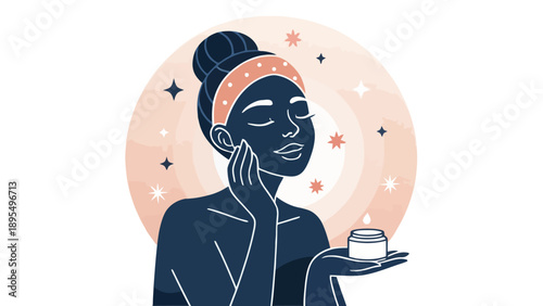 Illustration of a woman applying cream to her face, wearing a headband, with sparkles and subtle floral elements. Represents skincare routine, beauty treatments, and self-care.