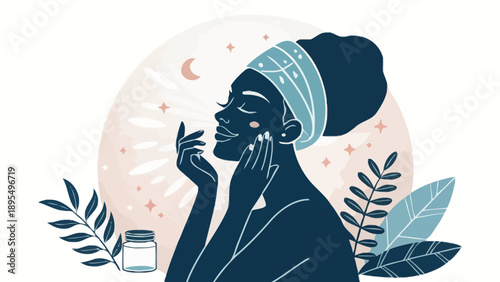 Modern illustration of a woman performing skincare, touching her face gently, with botanical elements and soft background. Suggests self-love, beauty, and a tranquil moment.