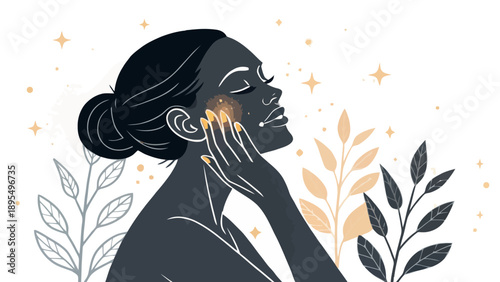 Stylized illustration of a woman's profile with a soft touch on her face, illuminated by golden sparkles and framed by plants. Evokes beauty, self-care, and natural radiance.
