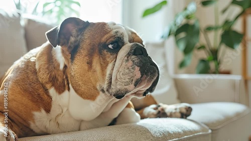 English Bulldog Relaxing Comfortably on a Couch in a Bright Room.