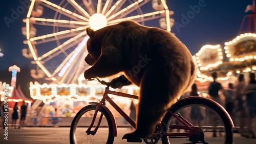 Bear Rides Bicycle at Carnival - A Whimsical Nighttime Scene.