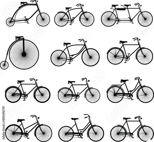 Black silhouette illustrations of various bicycles including vintage, tandem, cruiser, mountain, and classic bikes on a white background