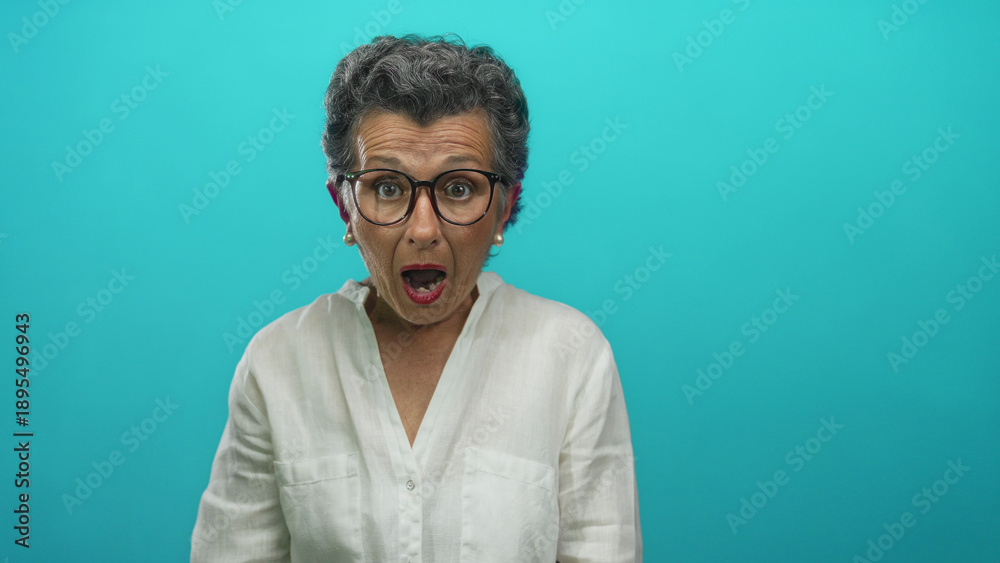 Obraz premium Senior woman with grey hair and glasses looks surprised against blue background, wearing white shirt, conveying shock and emotion in this vibrant studio setting.