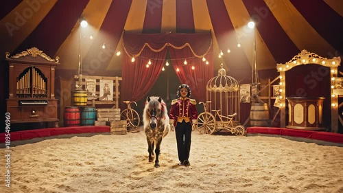 A captivating circus scene featuring a horse and a performer in a tent.