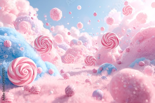 Colorful lollipops rise in a dreamy candy world.