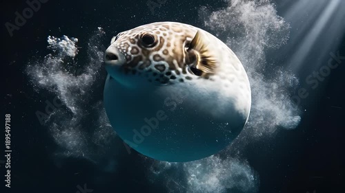 Cinematic Inflated Pufferfish Floating in Deep Blue Water with Sunlight Rays