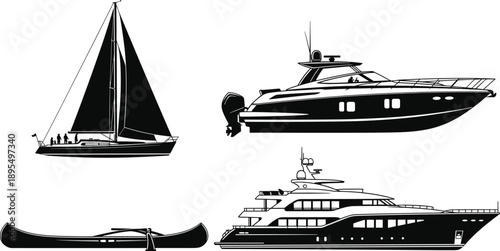 Boat and yacht silhouettes collection, sailboat motorboat canoe luxury ship set, marine transportation, water travel, black vector illustration