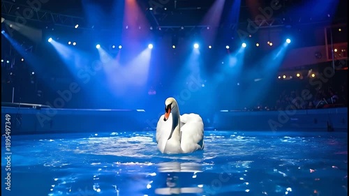 Swan gracefully performs in a water show with stunning lighting effects.
