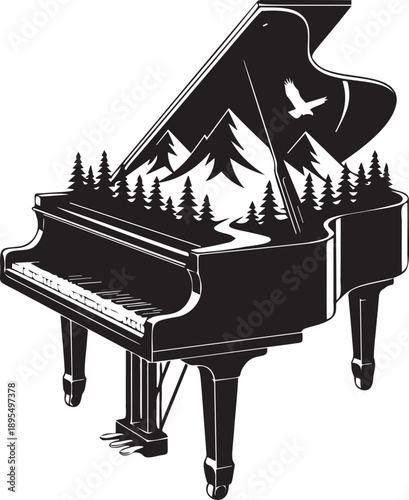 Grand piano with mountain and forest landscape on transparent background