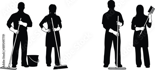 Cleaning staff silhouettes, janitor pairs, mop and broom icons, professional sanitation, black vector set, teamwork illustration, hygiene tools