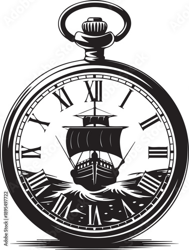Vintage pocket watch with roman numerals, sailing ship on stormy waves inside
