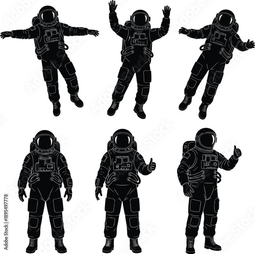 Astronaut silhouettes, space suit icons, floating pose, thumbs up, zero gravity, helmet gear, black vector set, space exploration