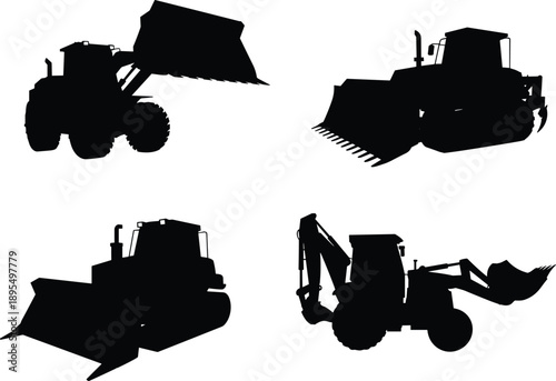 Construction vehicle silhouettes, bulldozer, front loader, backhoe, heavy machinery icons, earthmoving equipment, black vector set, industrial tools