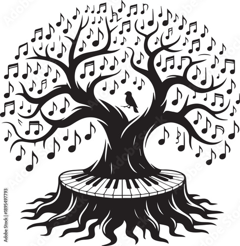 Music tree with piano keys and notes art illustration