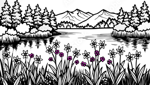 Very beautiful serene lakeside landscape with colorful wildflowers in full bloom, surrounded by lush green meadows, reflecting a peaceful and idyllic atmosphere captured in ultra-realistic high-defini