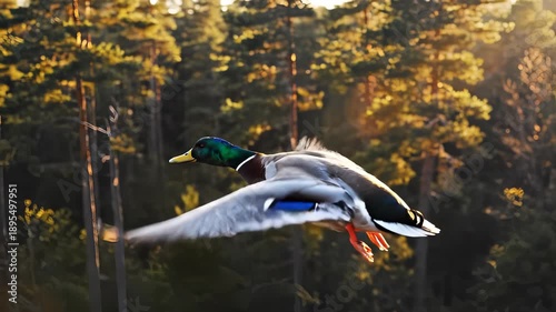 Mallard duck in flight with wings spread against forest background.