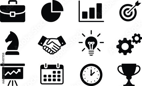 Business and productivity icon set with briefcase, pie chart, bar graph, target, chess knight, handshake, light bulb, gears vector.