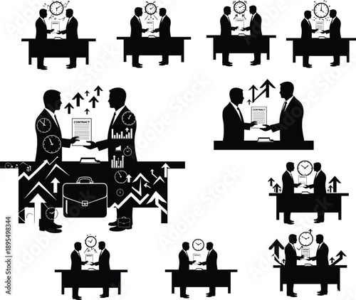 Business handshake and contract signing illustrations with clocks, growth arrows, briefcases, and business professionals in suits closing deals