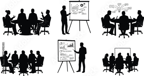 Business Meeting and Presentation Silhouettes, Corporate Team Brainstorming,