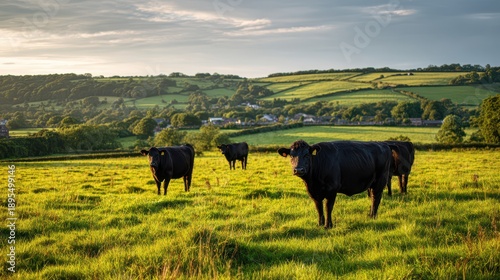 Pastoral scene of a herd of black cattle grazing in a lush Devon pasture under a bright blue sky