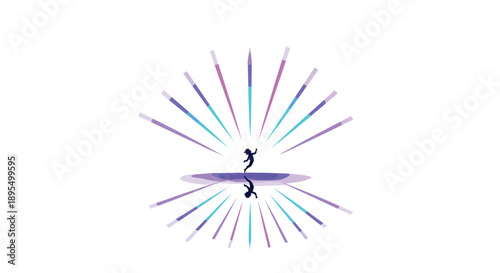 Athletic Silhouette Jumping in Front of Vibrant Purple and Blue Radial Light Rays Illustration